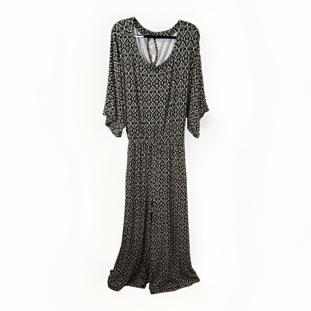 NWOT Soft Surroundings Jumpsuit 3X Black Cream Tribal Pattern Resort Wide Leg